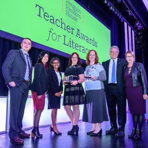 Pictured, left to right: Michael Gentile, VP, Director, Academic Marketing, Penguin Random House; Melanie Fallon-Houska, Director of Corporate Giving, Penguin Random House; Caylin Johnson, Dr. Maya Angelou’s great grand-daughter; Kristen Nevins, $10,000 Grant Recipient; Gillian Schneider, $10,000 Maya Angelou Grant Recipient; Doug Hesse, NCTE President; and Susan Houser, NCTE President-Elect